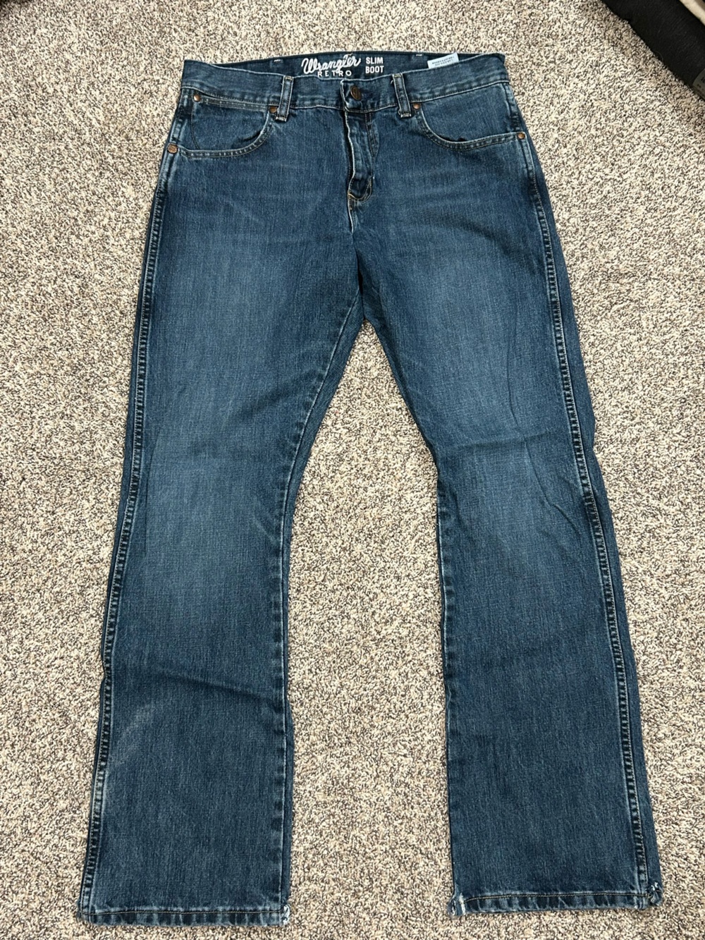 Wrangler Retro Men’s Slim Boot  - Dark Blue 32 x 32 Distressed